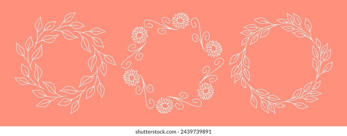 Spring and Summer Blooming Plants with Leaves and Flowers Frame Collection. Natural Blossom Border Line Art Set.