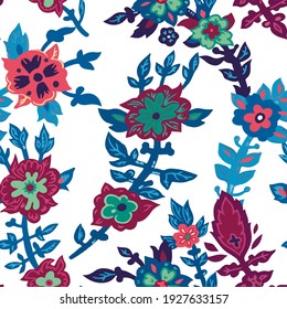 Flor de primavera o verano, patrón sin fisuras de plantas florecientes con hojas y follaje. Impresión o fondo decorativos, composición florista y decoración botánica a la moda para las tarjetas. Vector de estilo plano