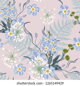 Spring summer blue forget-me-not flowers with herbs, fern seamless pattern. Watercolor style floral background for invitation, fabric, wallpaper, print. Botanical texture. Beige background.