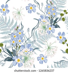 Spring summer blue forget-me-not flowers with herbs, fern seamless pattern. Watercolor style floral background for invitation, fabric, wallpaper, print. Botanical texture. White background.
