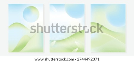 Spring and summer blue green landscape background set with soft gradient sky, rolling hills, and minimalist shapes.