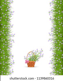 Spring or summer border of little blue wild flowers on fresh green grass and bouquet in wicker basket with bow isolated on white background - vector illustration of floral frame.