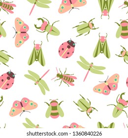 Spring and summer botanic vector seamless pattern. Insects spring wallpaper, bees and Butterflies