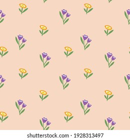 Spring or summer botanical seamless pattern. Stylized flowers, tulips and peonies in a clearing. The concept of ecology and conservation. For paper, cover, fabric, gift wrap. Vector illustration.