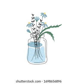 Spring or summer bouquet of chamomiles and leaves in a jar. Romantic concept with herbs. Minimalistic botanical illustration for pin, sticker, card and invitation. Vector illustration on white.