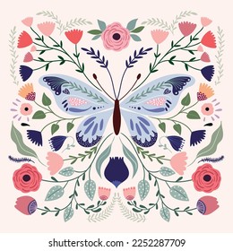 Spring summer butterfly composition, poster, greeting card with flowers in bloom, different plants, elegant design