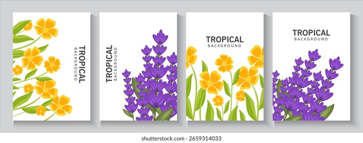 Spring or summer cards, banner with cute flowers. tropical Floral botanical art templates for holiday poster, Mother's Day, Easter and Birthday  invitation, social media post, cover, advertisement.