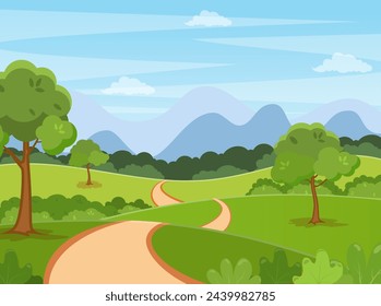 Spring, summer cartoon Landscape background. trees and hills on the plain. Vector illustration in flat style.