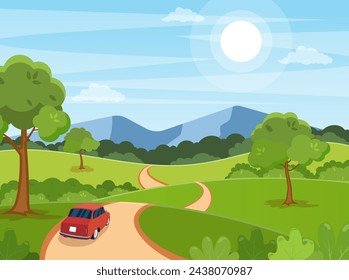 Paisaje con un coche en el fondo de la carretera. árboles y colinas en la llanura. Ilustración vectorial en estilo plano.