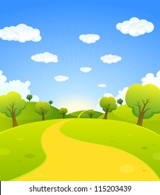 Spring Or Summer Cartoon Landscape/ Illustration of a cartoon summer or spring season country landscape, with road trail leading towards horizon