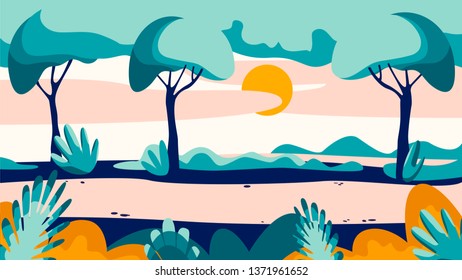 Spring Or Summer Cartoon Landscape/ Illustration of a cartoon summer or spring season country landscape, with road trail leading towards horizon 