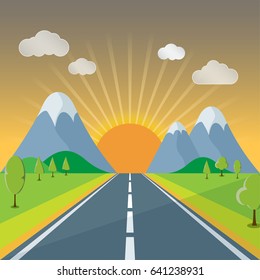 Spring or Summer Cartoon Landscape, with road trail leading towards horizon, after sunset in the evening illustration vector background