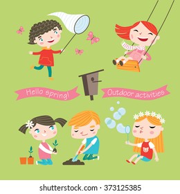 Spring and summer child's outdoor activities. Happy childhood. Vector set on a yellow-green background.