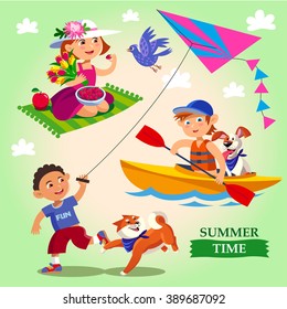 Spring and summer child's outdoor activities. Happy childhood. Vector set on a yellow-green background in cartoon style