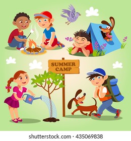 Spring and summer child's outdoor activities. Summer camp. Vector set on a yellow-green background in cartoon style