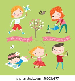 Spring and summer child's outdoor activities. Happy childhood. Vector set on a yellow-green background.