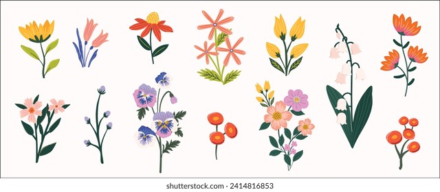 El escalón de verano de primavera se compone de ramos florales, flores vectoriales. Ilustración de resorte de estilo folk con elementos botánicos aislados sobre fondo blanco.