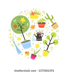 Spring, summer collection of flowers, plants and trees in hand drawn style in circle. Flowers in water can. Cartoon garden set.