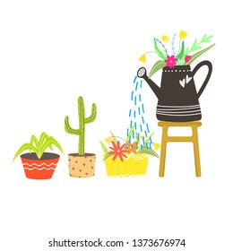 Spring, summer collection of flowers, plants and trees in hand drawn style. Flowers in water can. Cartoon garden set.