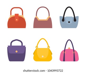 Spring summer collection of women bags stylish accessories for females vector illustration isolated. Leather handbags, bags with handles and locks