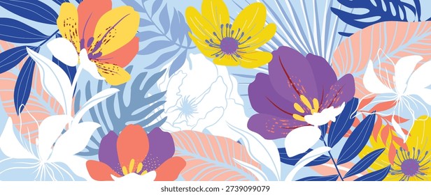 Spring and summer colorful floral background vector with magnolia and peach blossoms in sage and periwinkle tones. Bright tropical botanical illustration for wallpaper, posters, cards, packaging and web use.