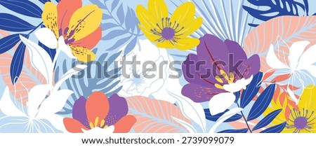 Spring and summer colorful floral background vector with magnolia and peach blossoms in sage and periwinkle tones. Bright tropical botanical illustration for wallpaper, posters, cards, packaging and web use.