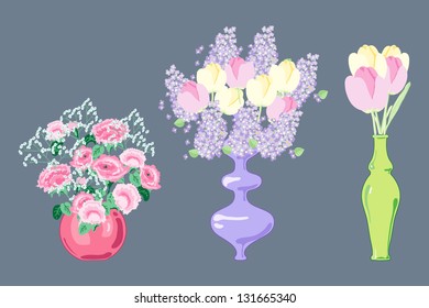 Spring and summer colorful flowers in vases. Vector illustration