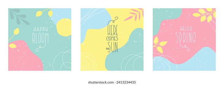 Spring and Summer Colorful Template Collection. Abstract Design Backgrounds. Square Composition Frame with Cute Vector Hand Lettering for Social Media.