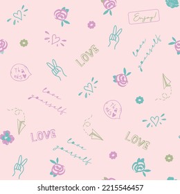 Spring, summer conversational, seamless pattern print with doodle flowers, floral print and tags, positive quotes and slogans for fabric, thanksgiving, christmas, textile, tshirt, and wrapping