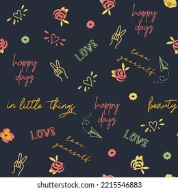 Spring, summer, conversational, seamless pattern print with doodle flowers, floral print and tags, positive quotes and slogans for fabric, thanksgiving, christmas, textile, tshirt, and wrapping