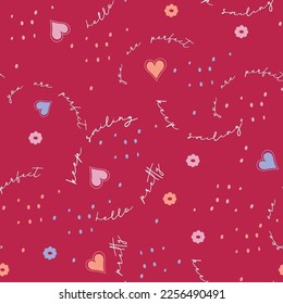 Spring, summer, conversational, typographic, seamless pattern tags, positive quotes slogans,  fabric, tshirt, sweatshirt, packaging, textile, girls, women, kids, viva magenta, color of the year, 2023