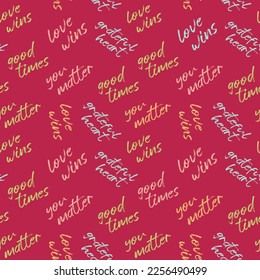 Spring, summer, conversational, typographic, seamless pattern tags, positive quotes slogans,  fabric, tshirt, sweatshirt, packaging, textile, girls, women, kids, viva magenta, color of the year, 2023