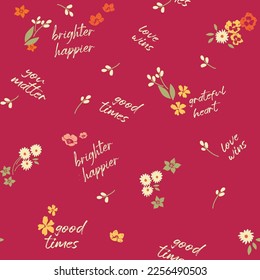 Spring, summer, conversational, typographic, seamless pattern tags, positive quotes slogans,  fabric, tshirt, sweatshirt, packaging, textile, girls, women, kids, viva magenta, color of the year, 2023