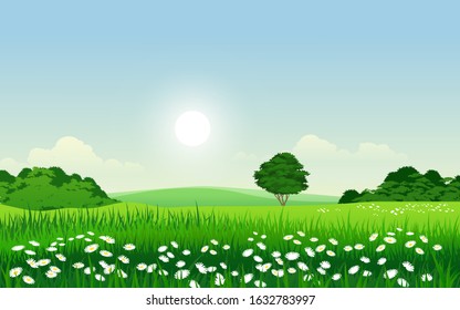 Spring or summer in countryside vector image with sunrise