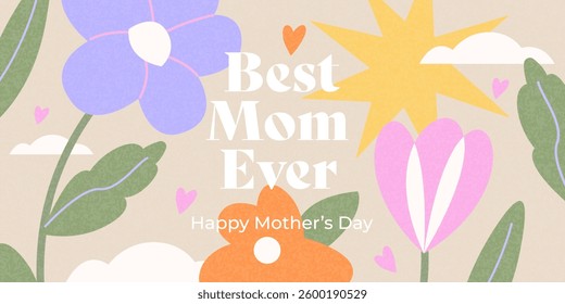 Spring summer cute card, cover, banner or poster for spring or summer holiday with wildflowers, daisies, tulips. Hand drawn Floral art template for Mothers Day greetings, ads, sales and decoration