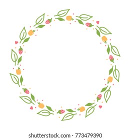Spring, summer cute colorful round frame with leaves and fruits isolated on white background.