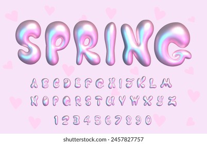 Spring Summer Delicate Pink Trendy English 3D Bubble Neon Effect Font in Y2K Style. Made of gradients, fully vector. 3d numbers