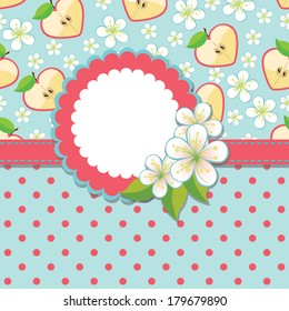 Spring or summer Design template. Flowers and  Apple halves in the shape of a heart,polka dot .Abstract background .Label with flowers.Use as template,screensaver,cover,background.Vector illustration