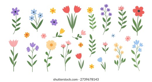 Spring and summer doodle set abstract hand-drawn soft pastel vector illustration of assorted whimsical flowers and leafy stems, arranged separately, featuring tulips, daisies, and tiny blossoms. Drawing brush, line.