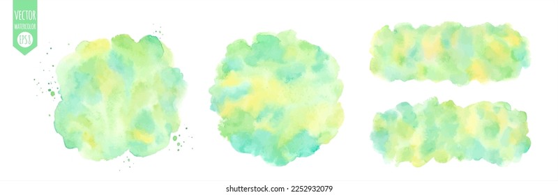 Spring, summer, eco, nature watercolor vector backgrounds set. Yellow, grass green aquarelle stains. Round, uneven circle, rectangle banner shapes. Hand drawn abstract painted watercolour elements.