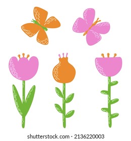 Spring and summer elements. Flat vector illustration with butterflies and flowers in pink, orange, green colors.