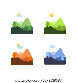 Iconos de primavera, verano, otoño e invierno en un estilo minimalista plano. Iconos de 4 temporadas del año en forma de paisajes