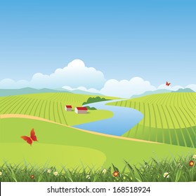 Spring and summer farm and grass background. EPS 10 vector, grouped for easy editing. No open shapes or paths.