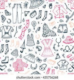 Spring and summer fashion clothes seamless pattern. Hand drawn doodle women clothing Vector background