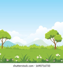 Spring summer fields landscape with trees, mountains, blue sky and hills. Beautiful green park background for banner, poster. 