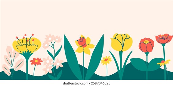 Spring or summer floral background. Border with colorful hand draw flowers. Seasonal card. 