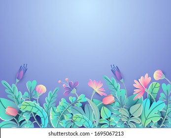 Spring or summer floral background in paper style vector illustration. Blooming flowers on blue backdrop. Garden rose and tulips. Art and warm season wallpaper concept