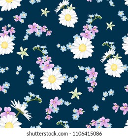 Spring summer floral botanical seamless pattern. Field meadow countryside flowers collection. Daisy chamomile, forget-me-not myosotis, viola. Blue purple violet yellow green on navy blue background.