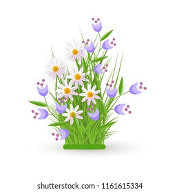 Spring and summer floral bundle with fresh white chamomiles and little blue wild flowers on green grass - beautiful seasonal blooms on greenery in isolated vector illustration.