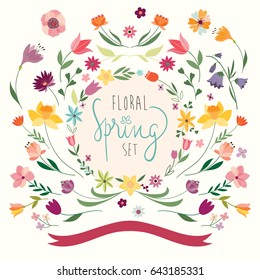 Spring and summer floral collection with decorative hand drawn flowers